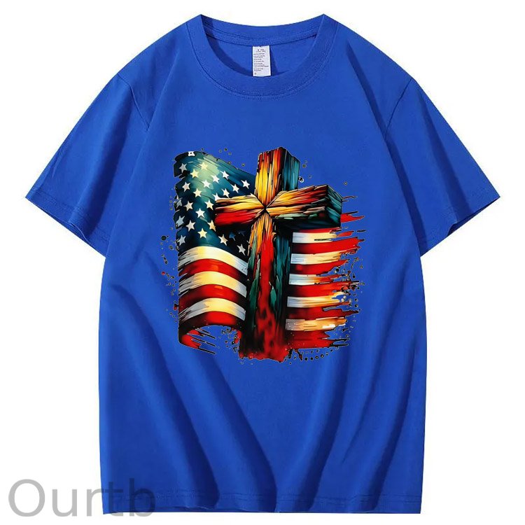 American Flag And Cross Pattern Print 100%Cotton T-Shirt