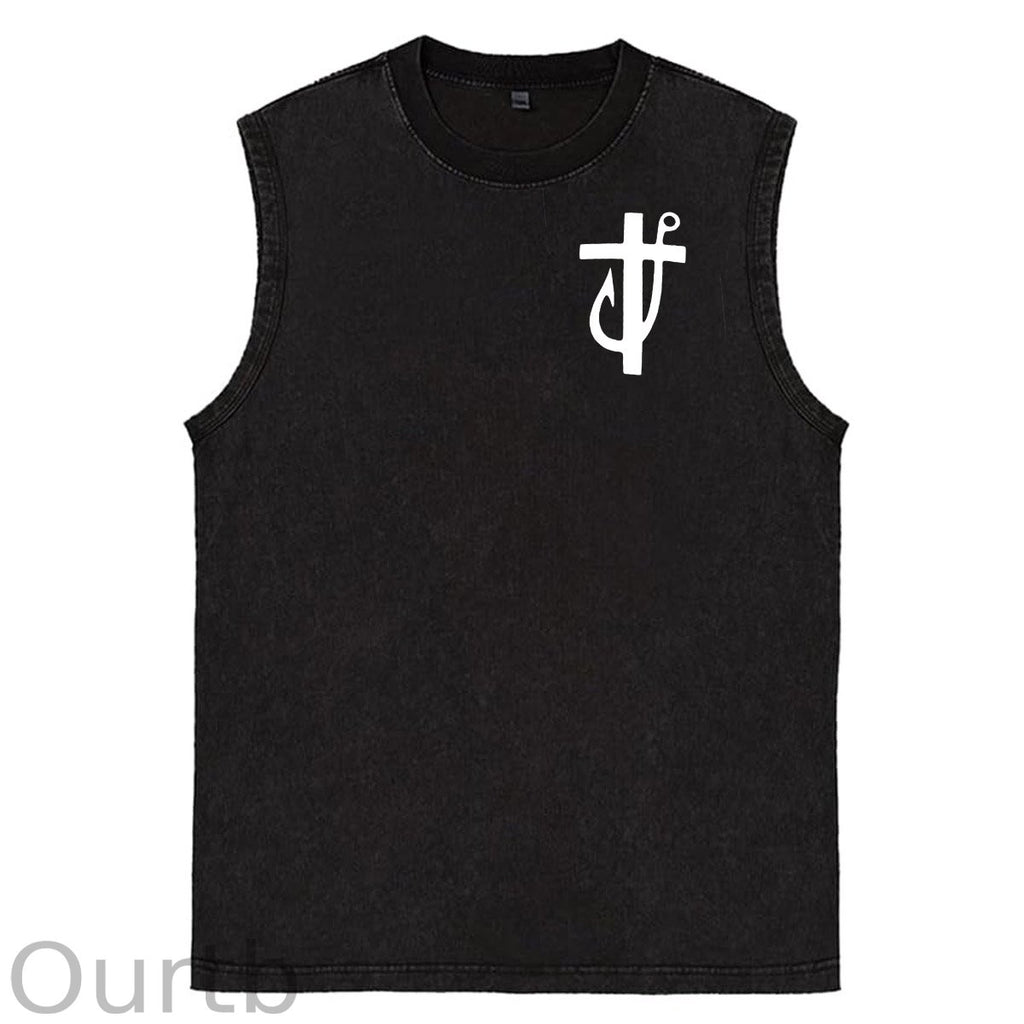Jesus Made Me A Fisherman  Pattern Sleeveless Cotton Washed Printed Loose Vest