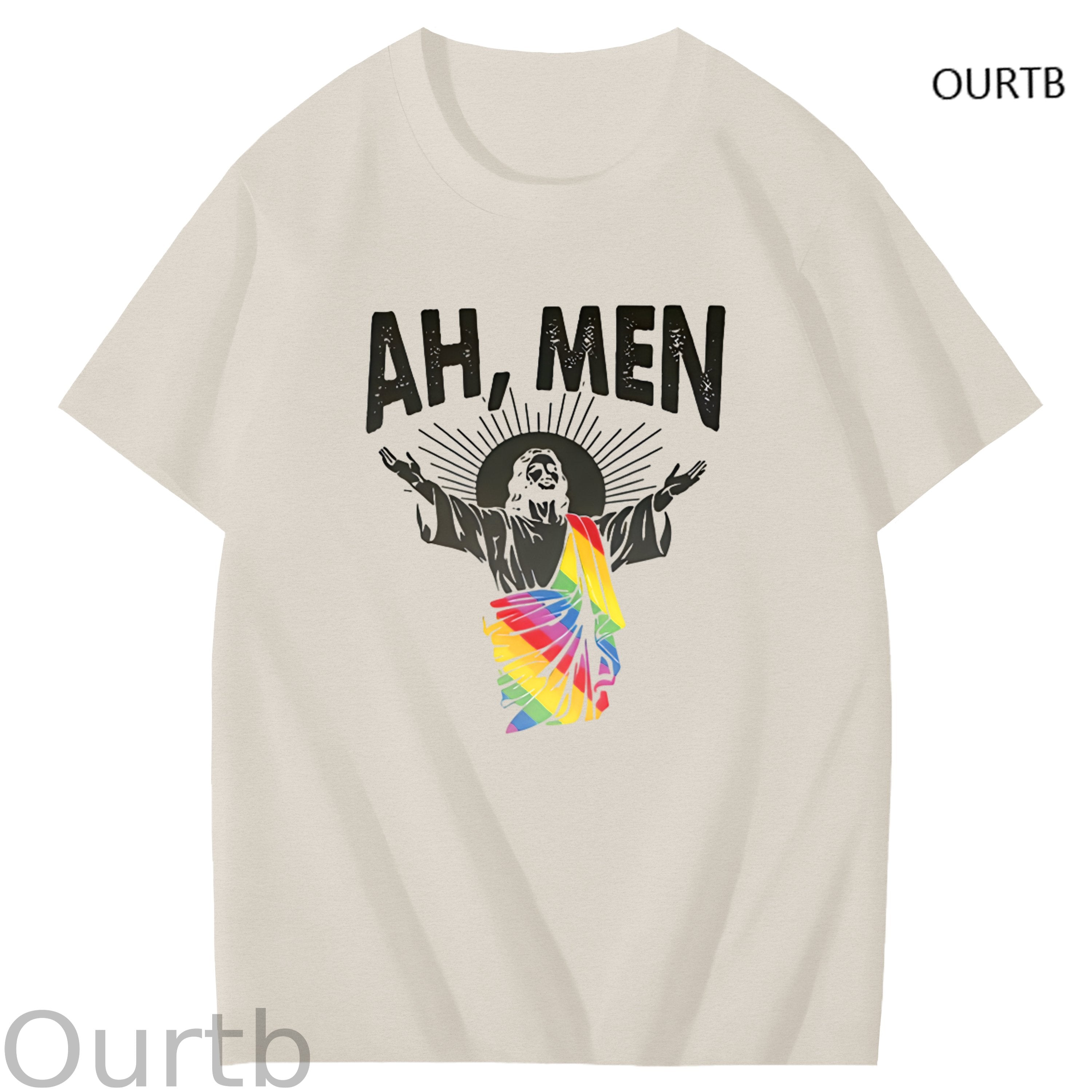 Ah Men Rainbow Jessus Faith Funny Art Pattern Print T-Shirt