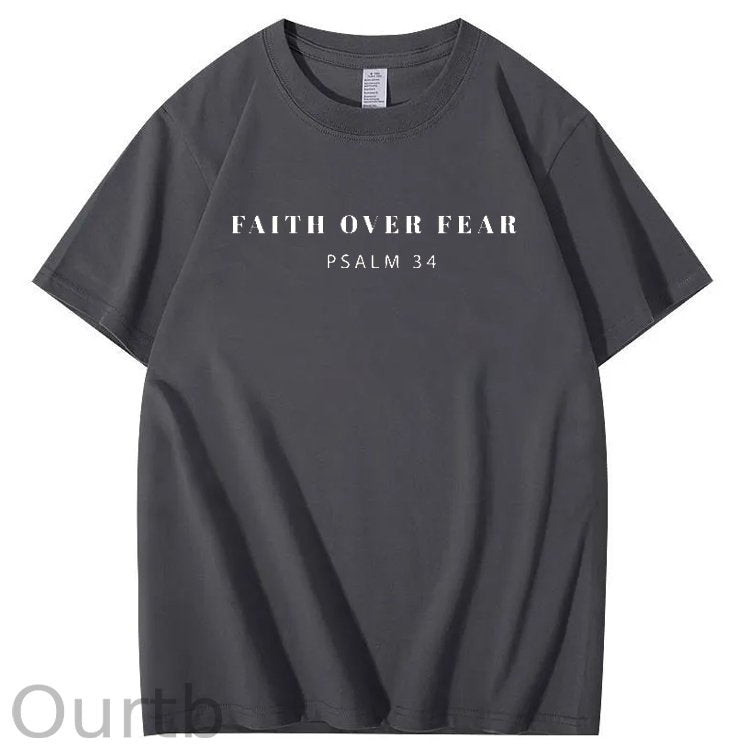 Faith Over Fear  Psalm 34 Pattern Printing Print Crew Neck T-Shirt