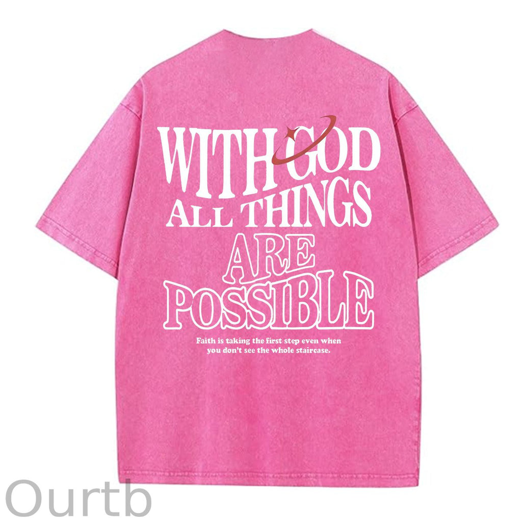 White God All Things Are Possible  Washed And Distressed Pattern Crew Neck T-Shirt