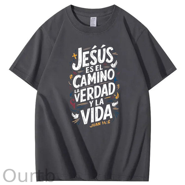 Men'S Casual Summer T-Shirt - Trendy Graphic Print, Round Neck, Machine Washable - White with Inspirational Spanish Quote "JESUS CAMINO Y VIDA", Every funny tshirt short sleeve shirt oversized tshirt