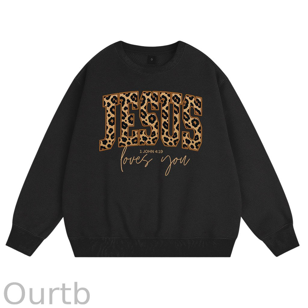 Christian Jesus Love You Leopard Print Cotton Fleece Sweatshirt
