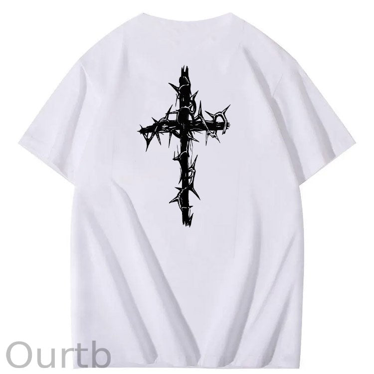 Nails Cross Pattern Print Crew Neck T-Shirt