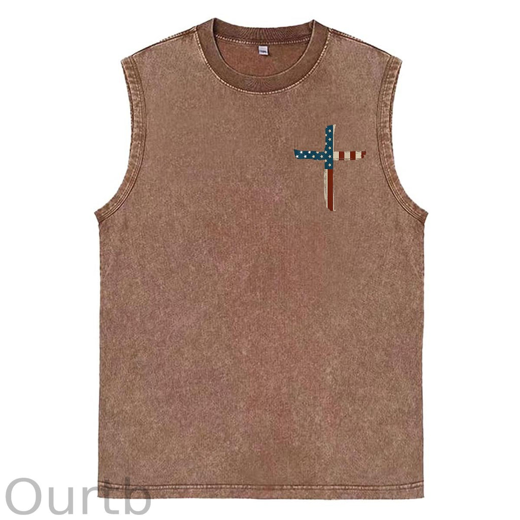 Stand For The Flag Kneel For The Cross 4th Of July Print Washed Cotton Sleeveless Tank Tops