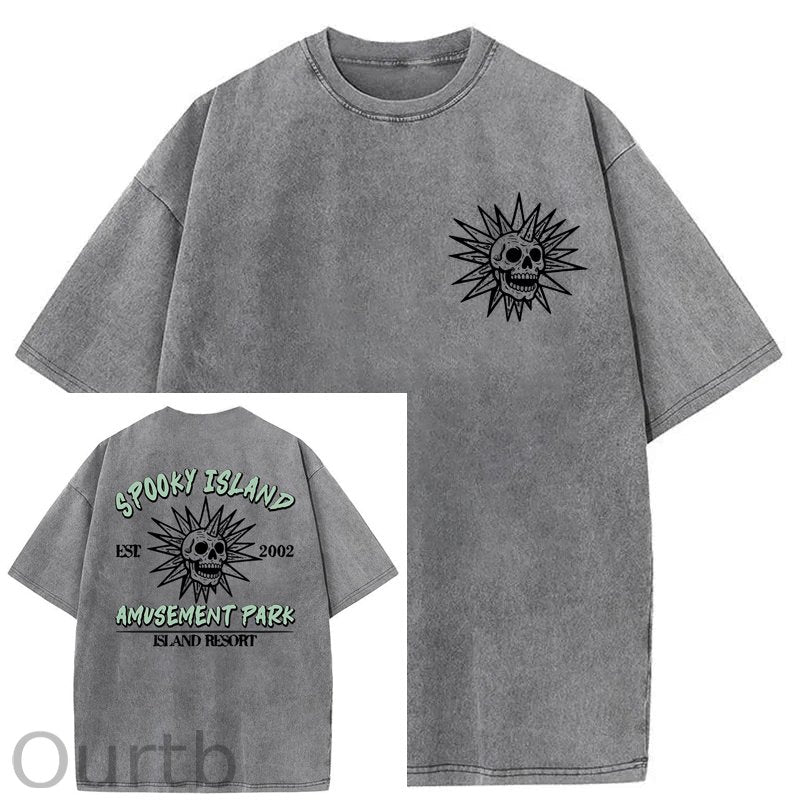 Spooky Island Cartoon Halloween Washed Cotton T-Shirt