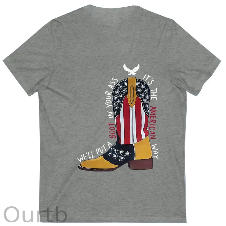 Red White &Blue Pattern Print 100%Cotton V Neck T-Shirt
