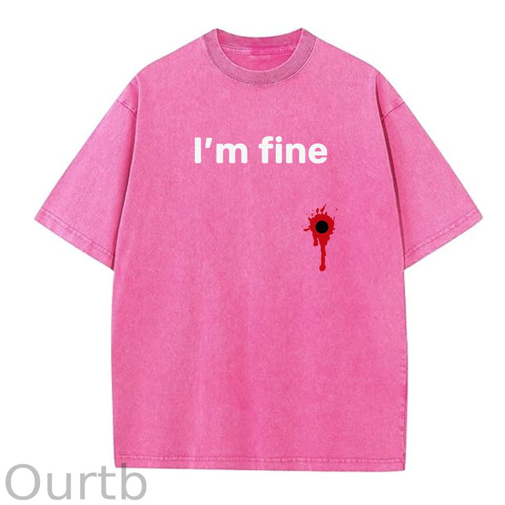 I'm Fine Pattern Washing And Aging Process Crew Neck T-Shirt