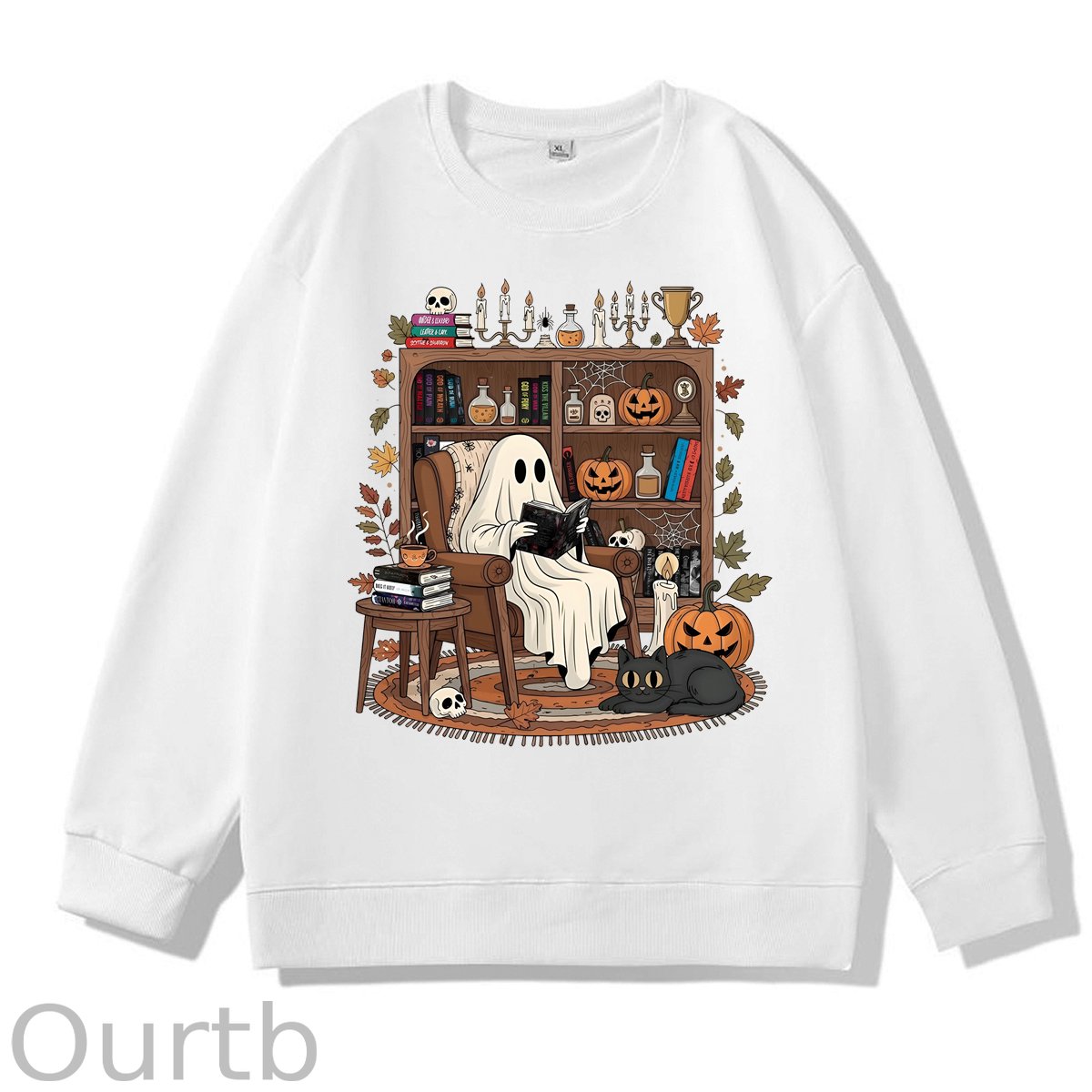 Retro Cozy Ghost Reading Halloween 100% Cotton Fall and Winter Sweatshirt