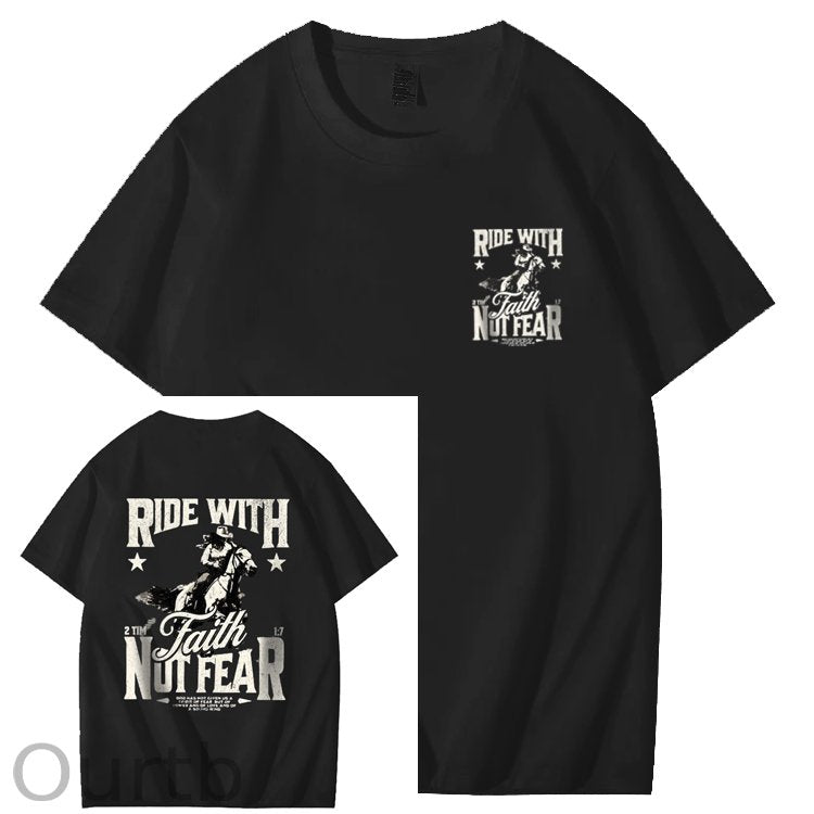 Ride With Faith Not Fear Jesus Christian Faith Art Pattern Print T-Shirt