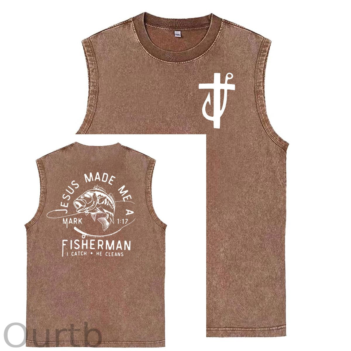 Jesus Made Me A Fisherman  Pattern Sleeveless Cotton Washed Printed Loose Vest