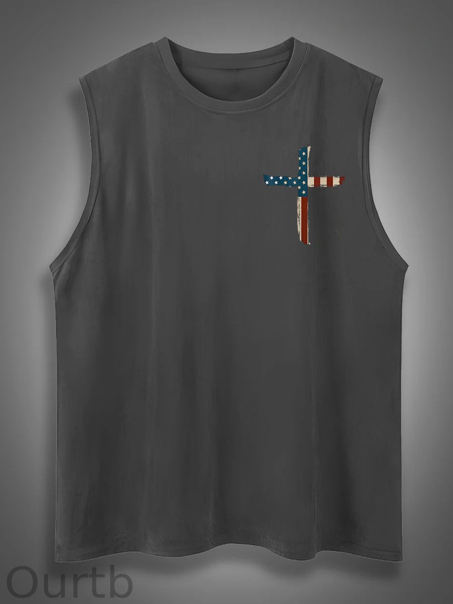Stand For The Flag Kneel For The Cross 4th Of July Print Cotton Sleeveless Tank Tops