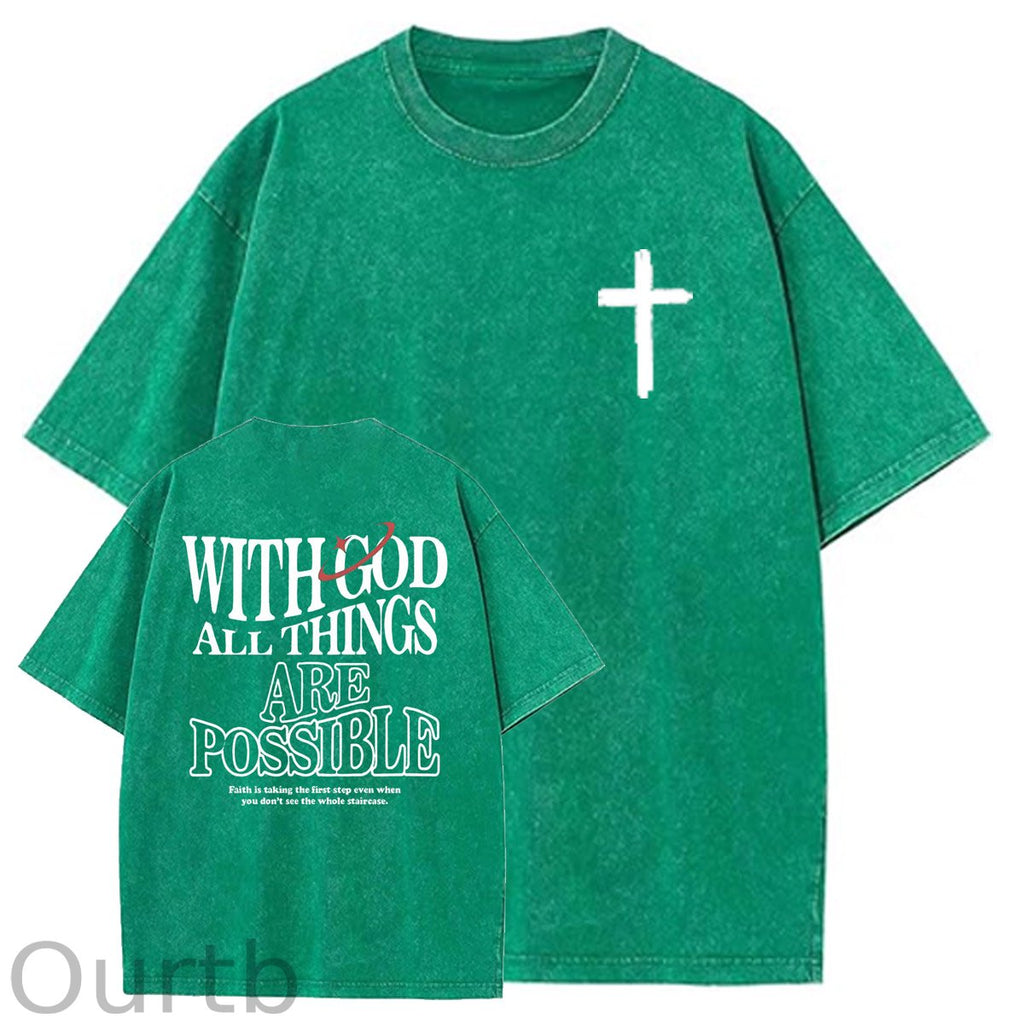 White God All Things Are Possible  Washed And Distressed Pattern Crew Neck T-Shirt