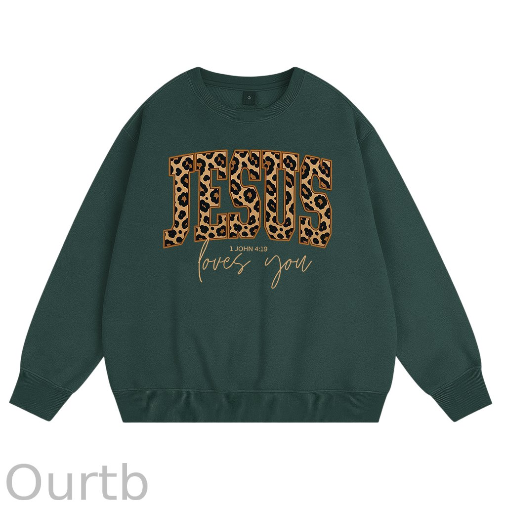Christian Jesus Love You Leopard Print Cotton Fleece Sweatshirt