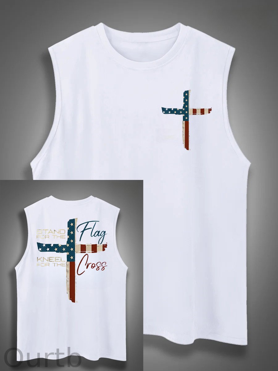 Stand For The Flag Kneel For The Cross 4th Of July Print Cotton Sleeveless Tank Tops