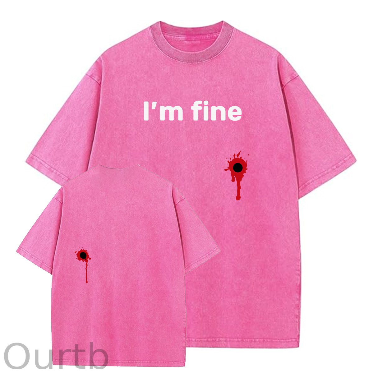I'm Fine Pattern Washing And Aging Process Crew Neck T-Shirt