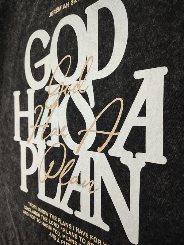 Retro Washed T-Shirt Double Sided Printed 'GOD HAS A PLAN' Letter Print Men's Casual ComfortableFashionable Street Style Cotton