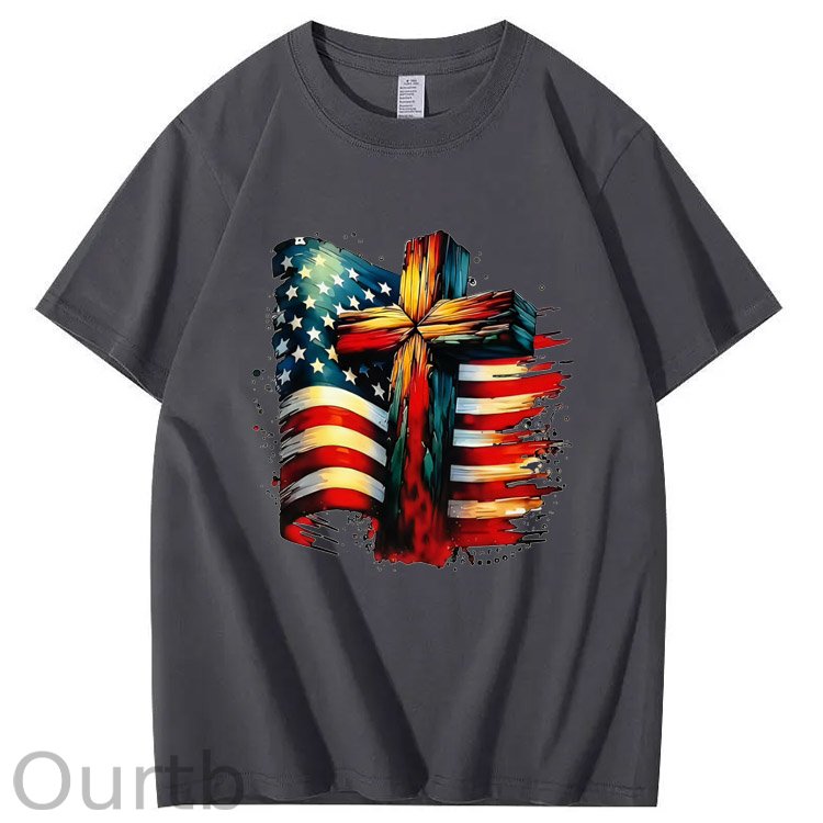 American Flag And Cross Pattern Print 100%Cotton T-Shirt
