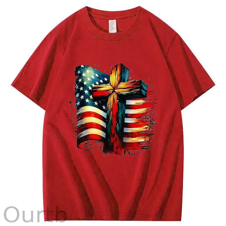 American Flag And Cross Pattern Print 100%Cotton T-Shirt