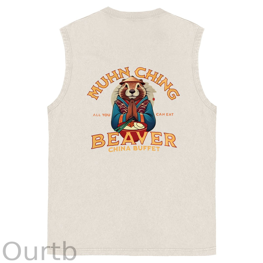 Muhn Ching All You Can Eat Beaver China Buffet Art Print Cotton Sleeveless Tank Tops