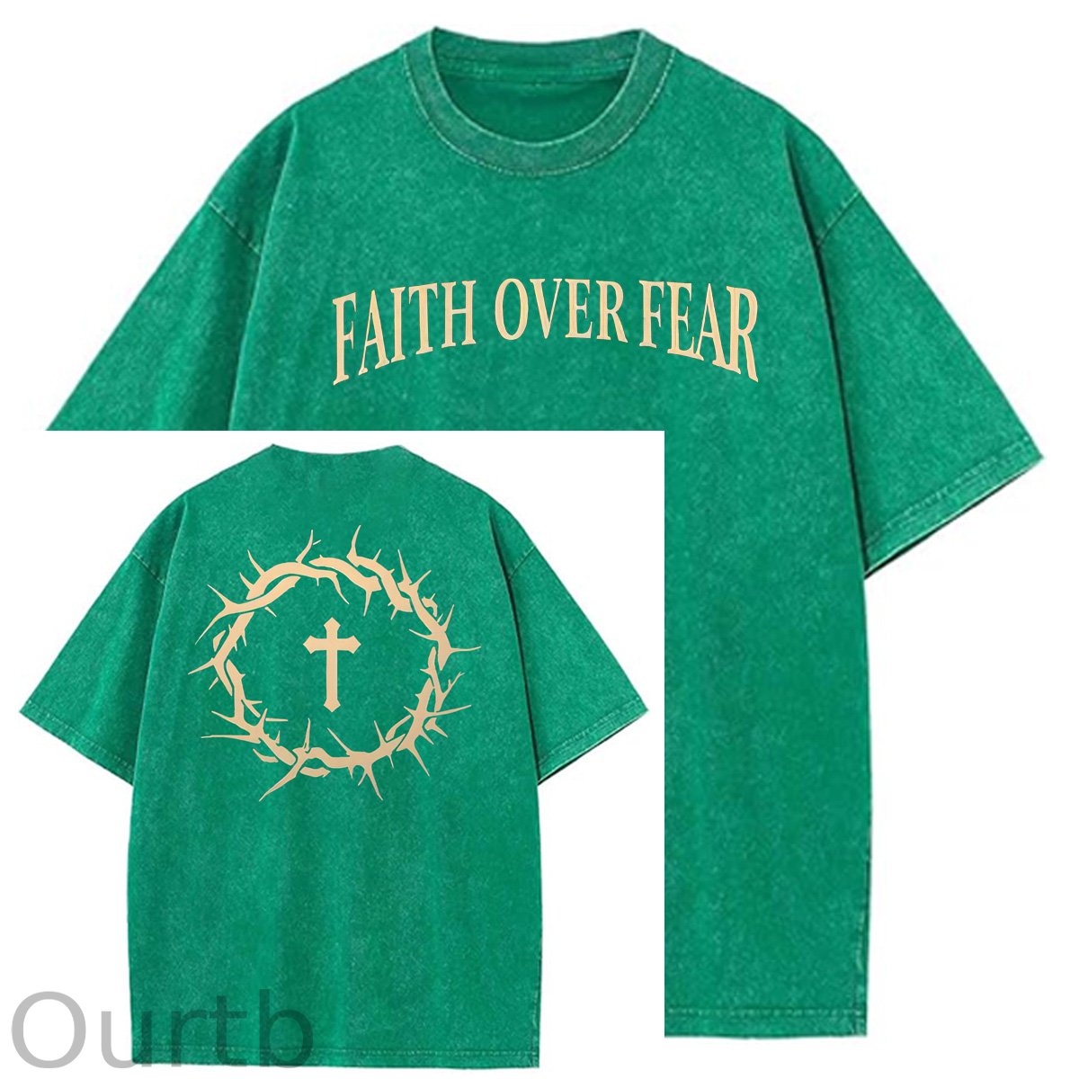 Faith Over Fear  Pattern Washing And Aging Process Crew Neck T-Shirt