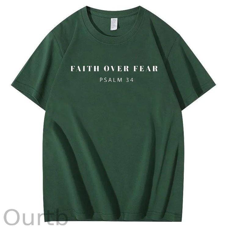 Faith Over Fear  Psalm 34 Pattern Printing Print Crew Neck T-Shirt