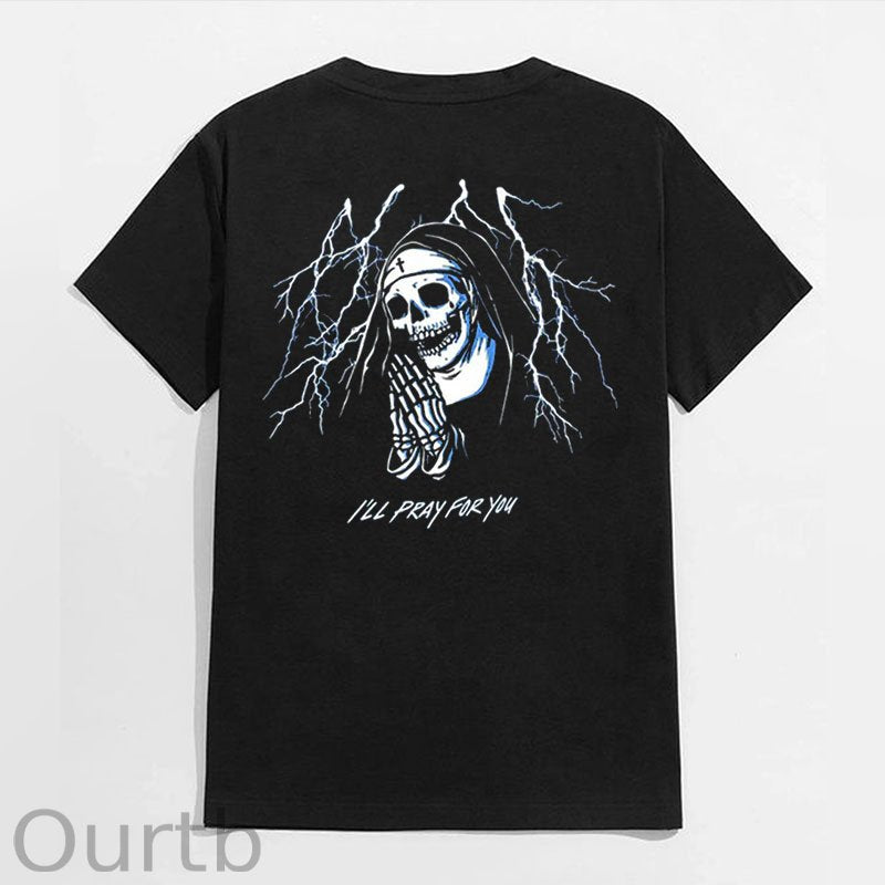 I'LL PRAY FOR YOU Skeleton Nun Black Print T-shirt
