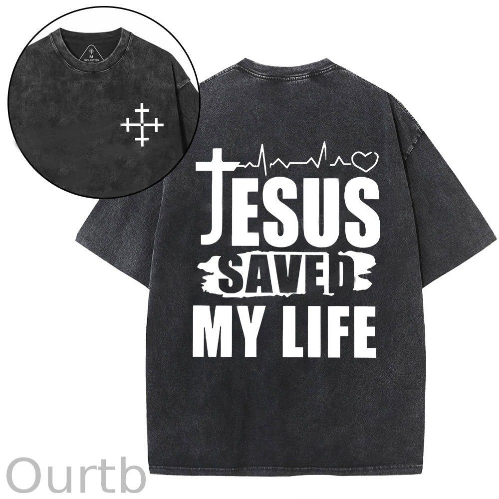 Jesus Saved My Life Easter Jesus Christ  faith And God Washed And Distressed Craft Pint Pattern Crew Neck T-Shirt
