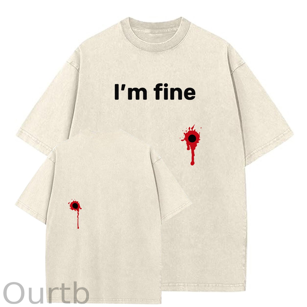 I'm Fine Pattern Washing And Aging Process Crew Neck T-Shirt