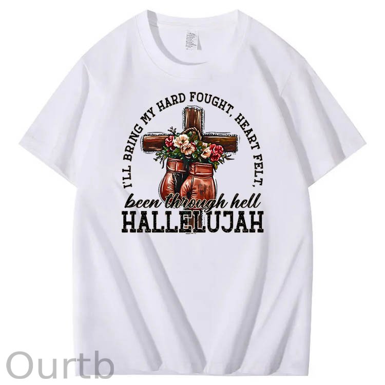 Been Through Hell HALLELUJAH Pattern Print Crew Neck T-Shirt