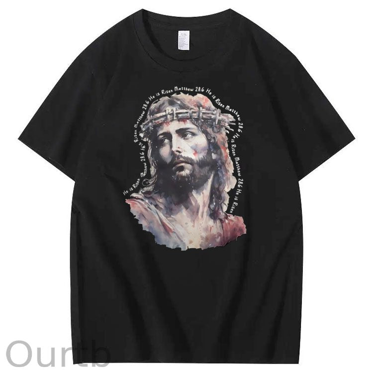 Watercolor Jesus Pattern Print Crew Neck T-Shirt