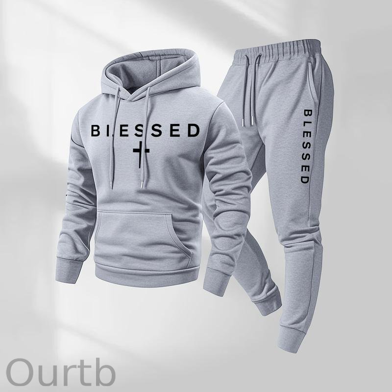 Men's Blessed Cross Letter Pattern Print Hoodie and Drawstring Sweatpants Set Two-Piece Set