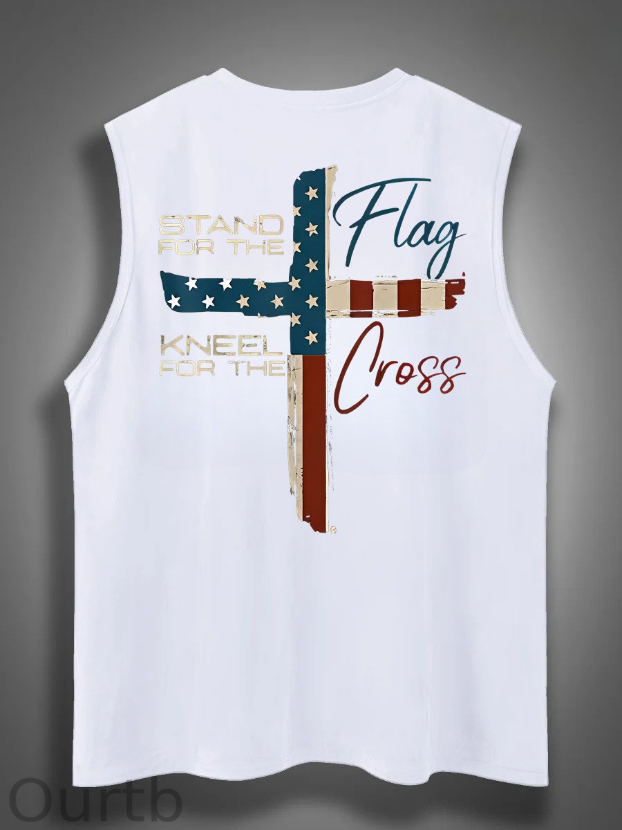 Stand For The Flag Kneel For The Cross 4th Of July Print Cotton Sleeveless Tank Tops