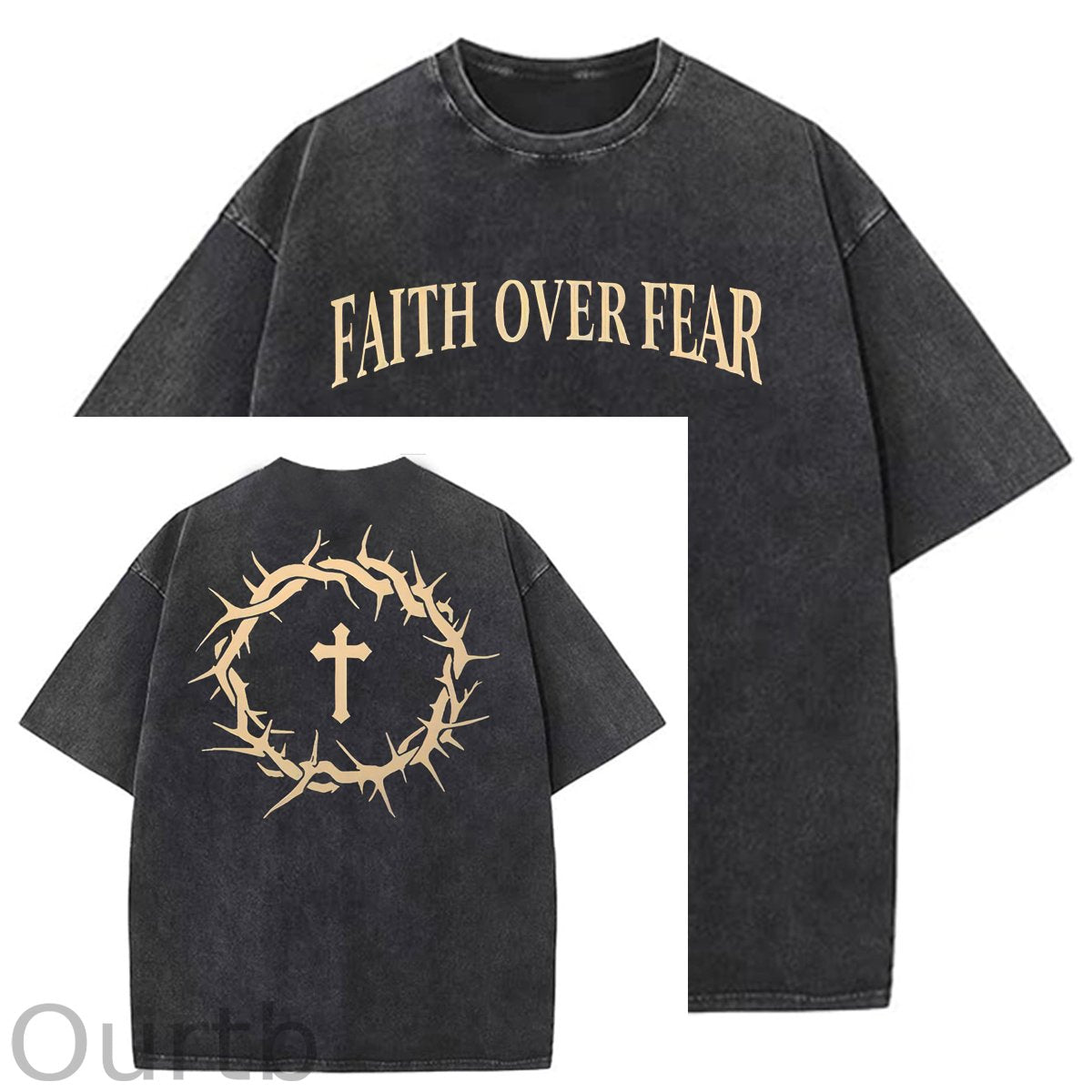 Faith Over Fear  Pattern Washing And Aging Process Crew Neck T-Shirt