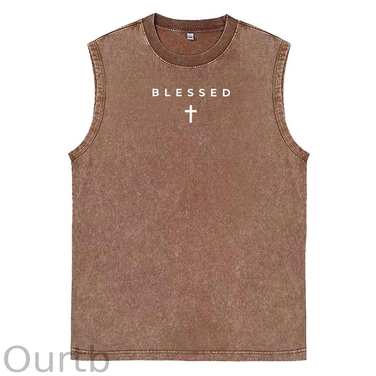 Cross Blessed Print Washed Cotton Sleeveless Tank Tops