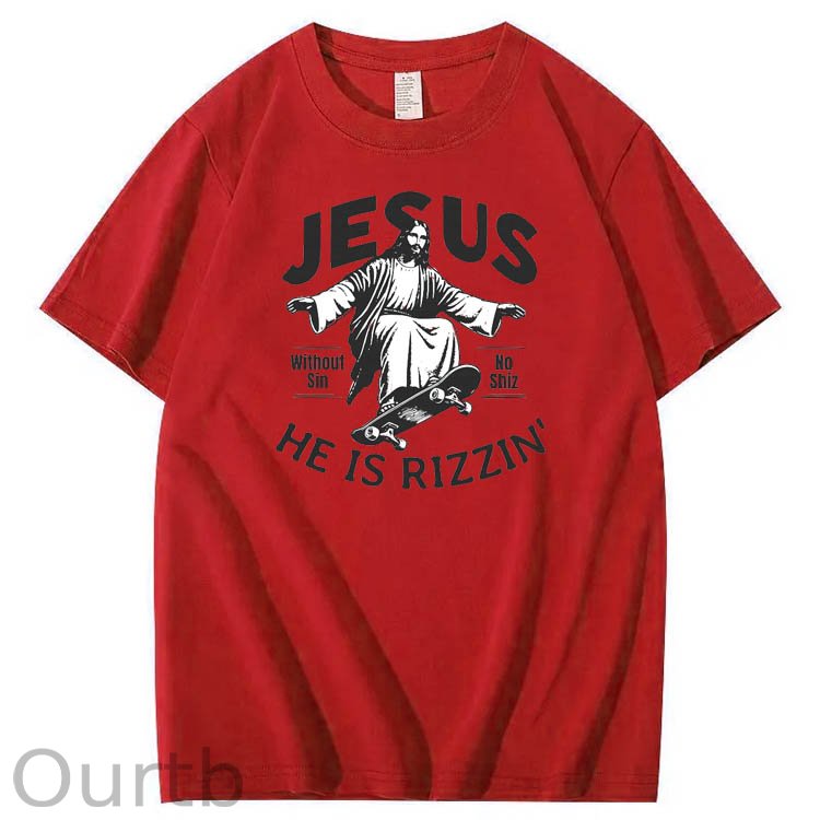 Jesus He is Rizzin' Funny Pattern Print Crew Neck T-Shirt