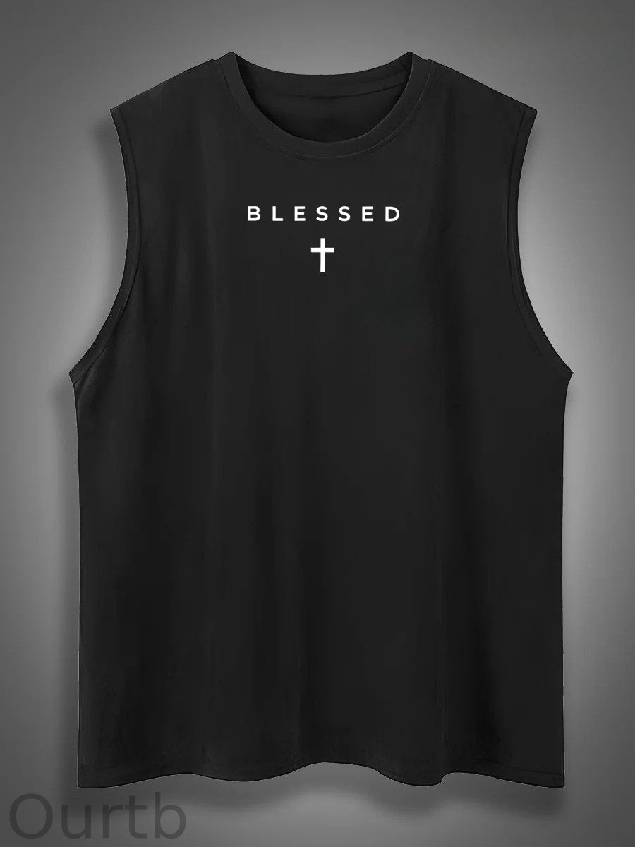 Cross Blessed Print Cotton Sleeveless Tank Tops