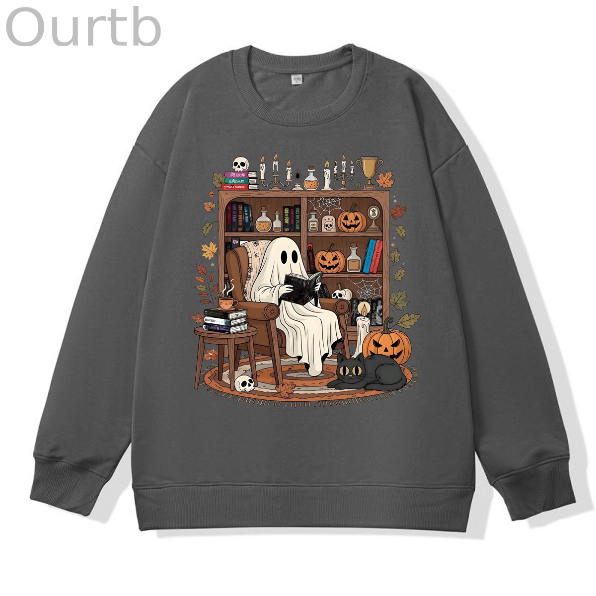 Retro Cozy Ghost Reading Halloween 100% Cotton Fall and Winter Sweatshirt