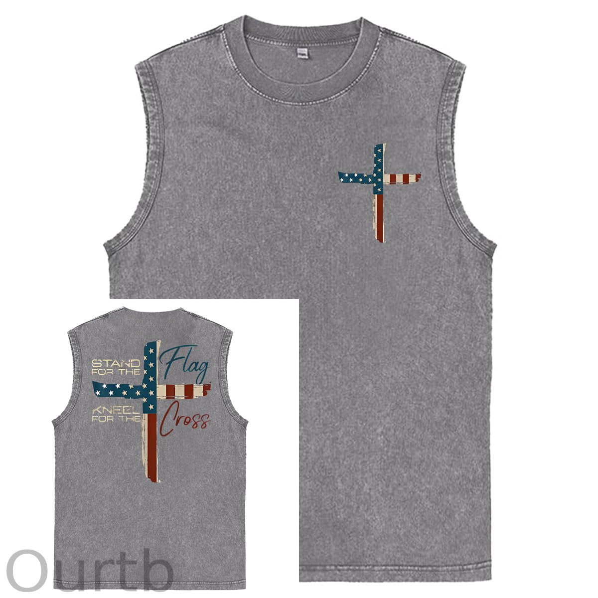 Stand For The Flag Kneel For The Cross 4th Of July Print Washed Cotton Sleeveless Tank Tops