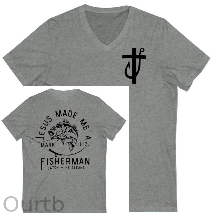Jesus Made Me A Fisherman Pattern Print 100%Cotton V Neck T-Shirt