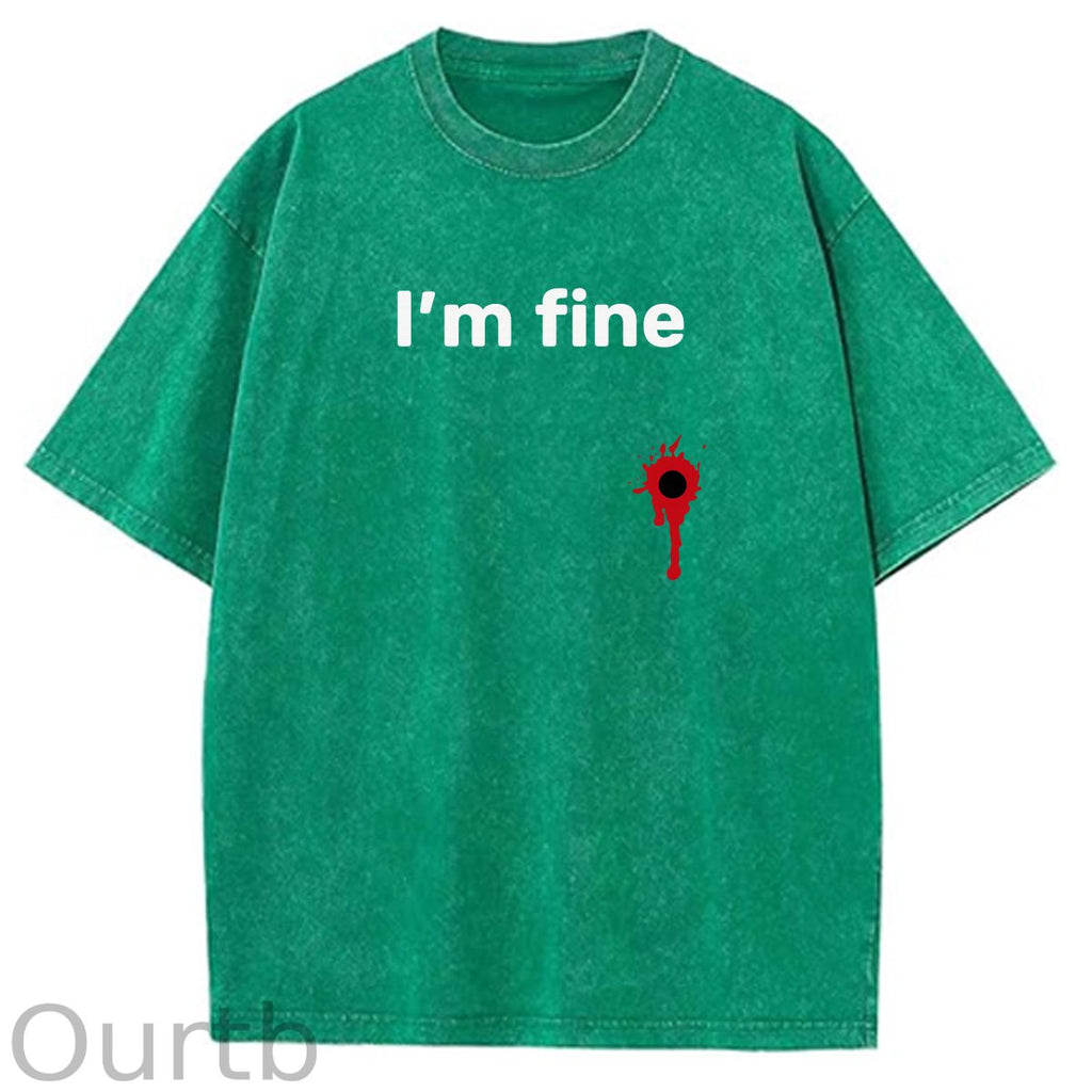 I'm Fine Pattern Washing And Aging Process Crew Neck T-Shirt