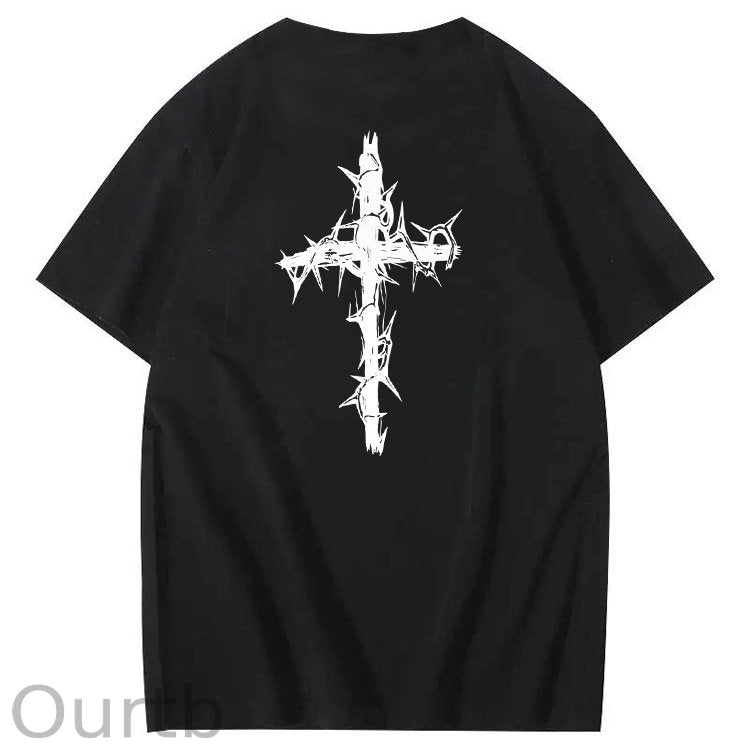 Nails Cross Pattern Print Crew Neck T-Shirt