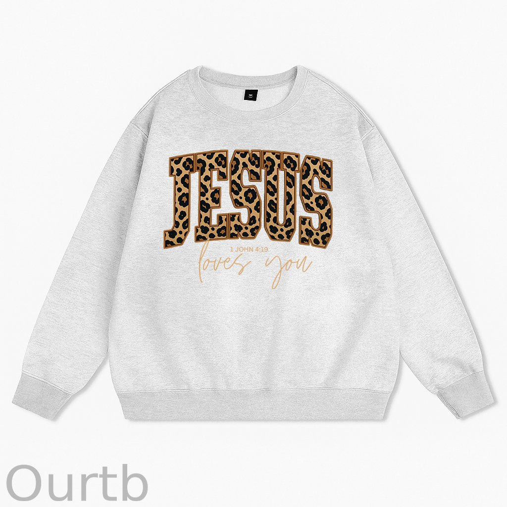 Christian Jesus Love You Leopard Print Cotton Fleece Sweatshirt