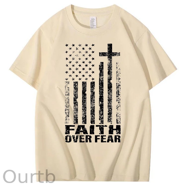 Faith Over Fear Amercian Flag Pattern Printing Print Crew Neck T-Shirt