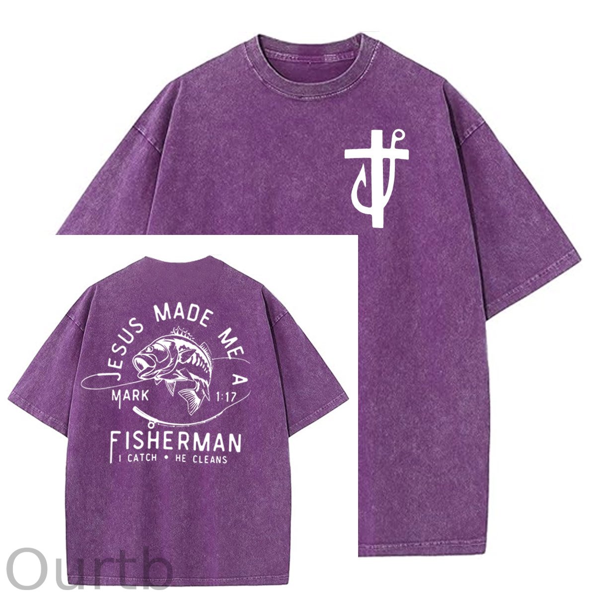 Jesus Made Me A Fisherman Pattern Washing And Aging Process Crew Neck T-Shirt