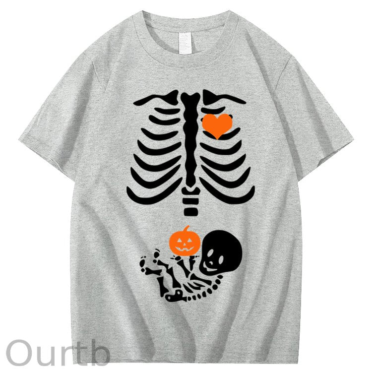 Skeleton Halloween Maternity Pregnancy Announcement Fall Mom 100% Cotton T-Shirt