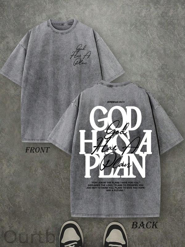 Retro Washed T-Shirt Double Sided Printed 'GOD HAS A PLAN' Letter Print Men's Casual ComfortableFashionable Street Style Cotton