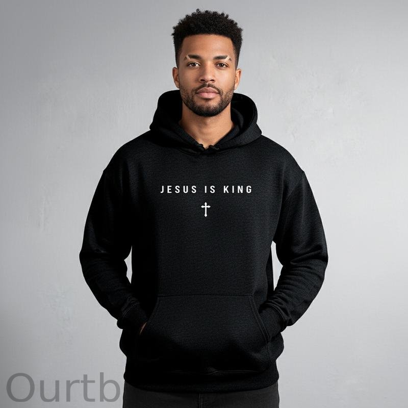 Men's Jesus Is King Cross Graphic Hoodie - Cotton Blend Black Long Sleeve Pullover Regular Fit | Soft & Breathable Fabric, Durable Print, Everyday Comfort, Machine Washable, minimalist religious daily wear