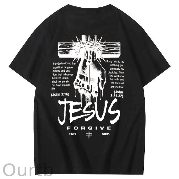 Jesus Forgive Pattern Print 100%Cotton T-Shirt