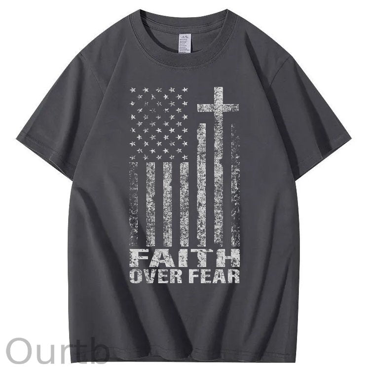 Faith Over Fear Amercian Flag Pattern Printing Print Crew Neck T-Shirt